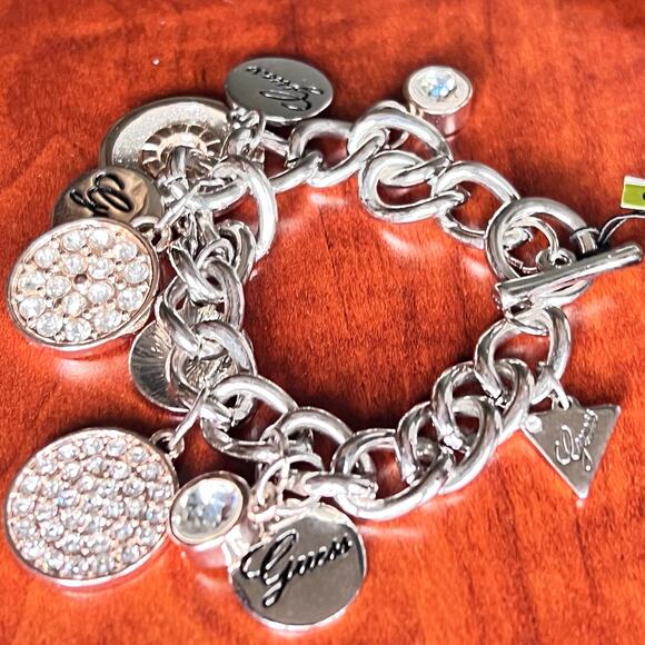 Guess Y2K Charm Link Bracelet Silver Rose Gold Crystal Logo Dangle Modern Glam - Picture 5 of 12